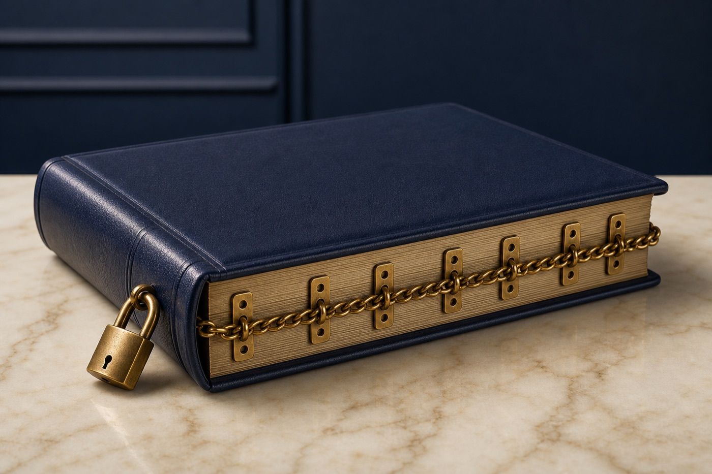 Illustration of a sealed navy ledger book bound with brass chain links