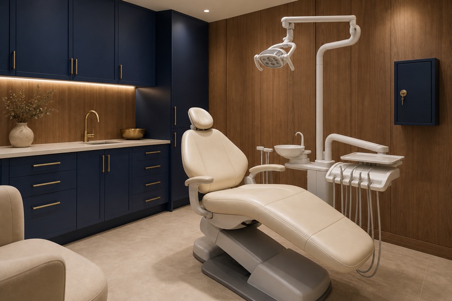 Illustration of a modern dental operatory with a locked wall medication cabinet