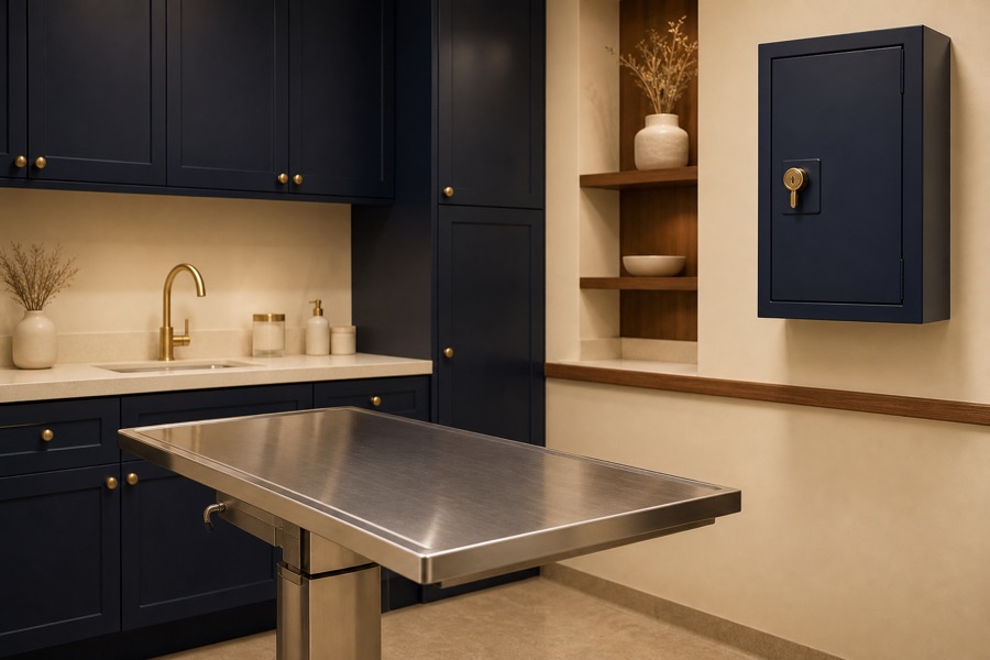 Illustration of a veterinary treatment room with a wall-mounted locked drug cabinet